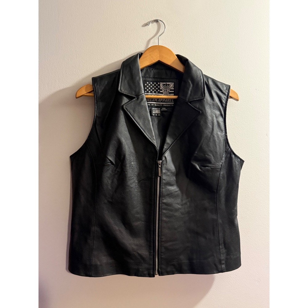 Vintage Dream Apparel Womens Black Leather Biker Vest y2k Zip Front Moto XXXL